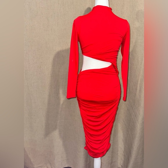 Long Sleeve Mock Neck One Piece Cutout Ruched Bodycon Midi Party Dress - Picture 3 of 5